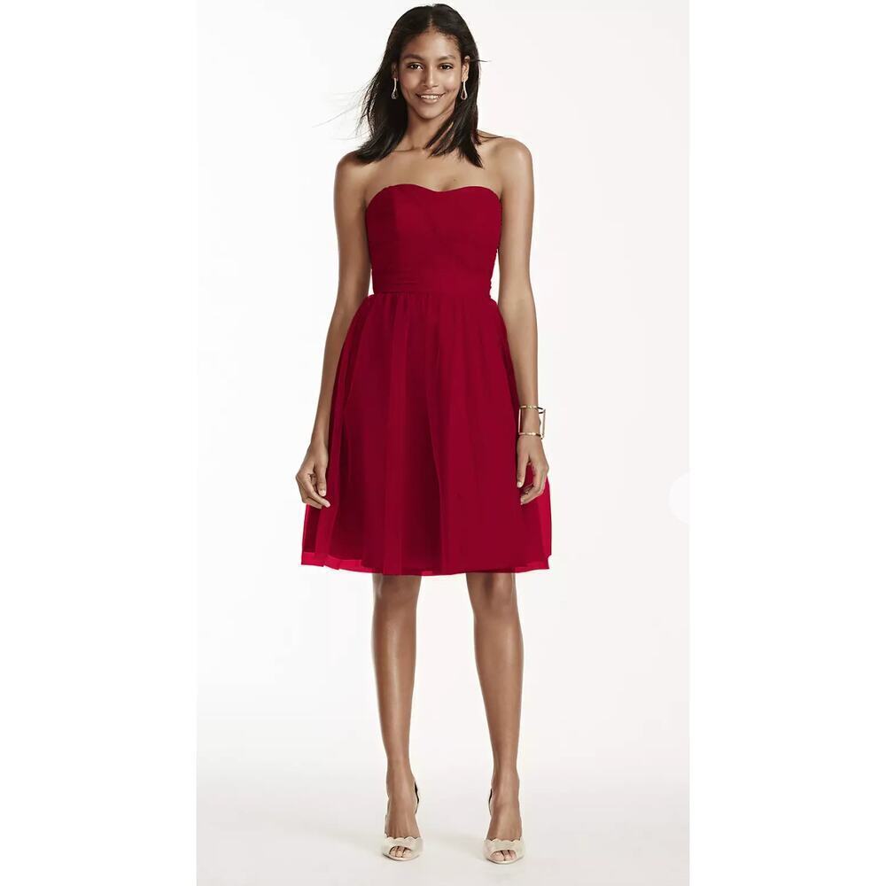David's Bridal Short Strapless Tulle Dress with Full Skirt Apple Red Size 0